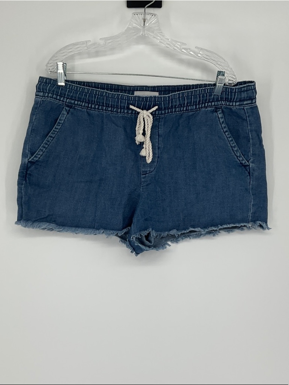 LOFT Drawstring Pull-On Denim Shorts L Dark Wash Frayed Hem Cotton Linen Blend